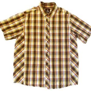 Prana‎ Mens Short Sleeve Dress Shirt Pearl Buttons Plaid Button Down Size M E